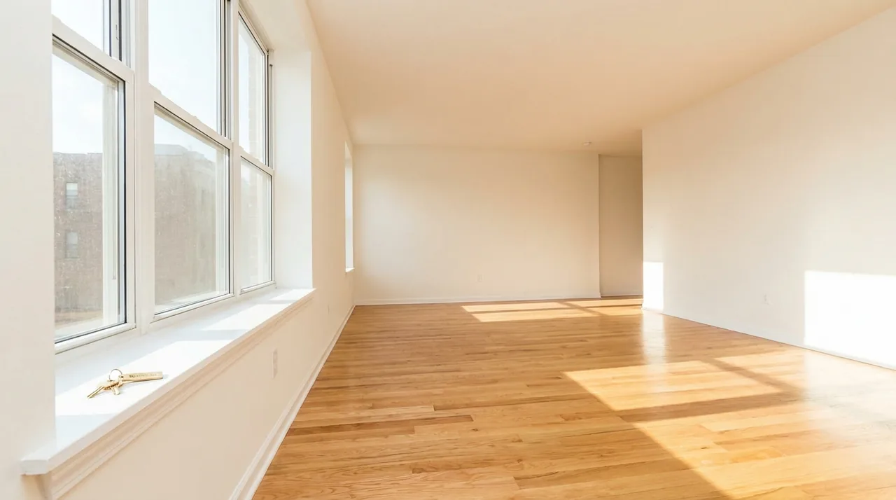 The move-in walkthrough sets the baseline every deposit decision is measured against A clean, empty, sunlit rental apartment living room with hardwood floors and a set of keys resting on the window sill, ready for a new tenant to move in