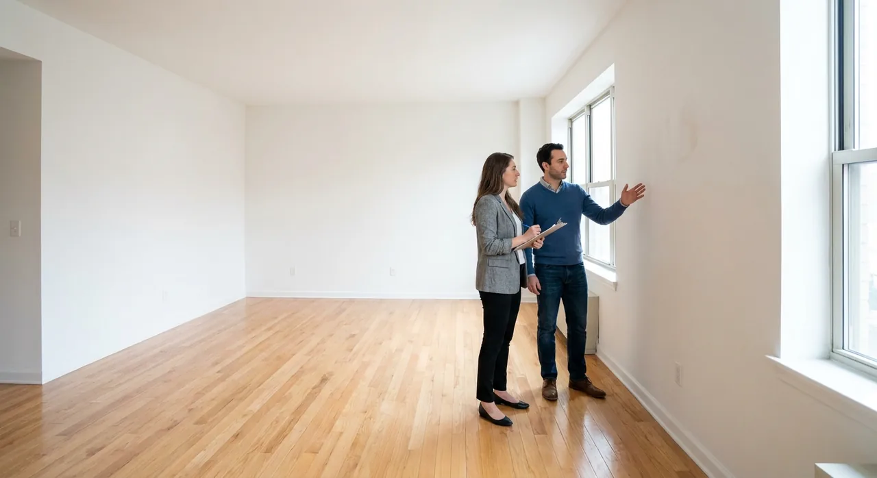 A deposit dispute is won or lost on the records you kept, not the argument you make A landlord and a tenant calmly walking through an empty rental apartment together, looking at a wall during a move-out walkthrough