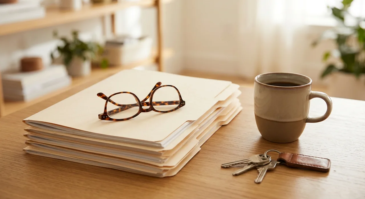 The landlord with the dated before-and-after file wins the dispute An organized stack of closed manila folders with a set of apartment keys and reading glasses on a wooden desk, representing a complete rental documentation file