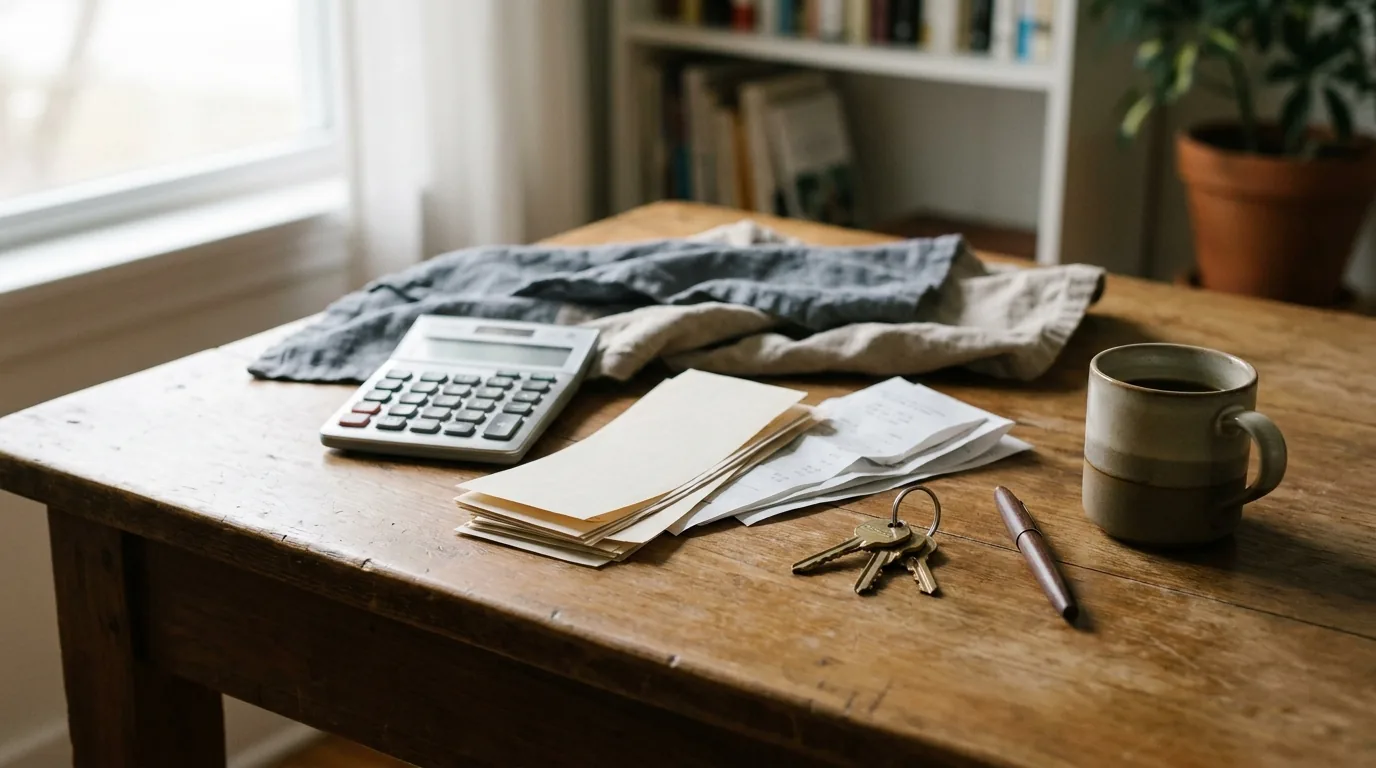 An itemized statement is built line by line, with proof behind each one A landlord's desk with a calculator, paper receipts, and apartment keys, set up to tally security deposit deductions