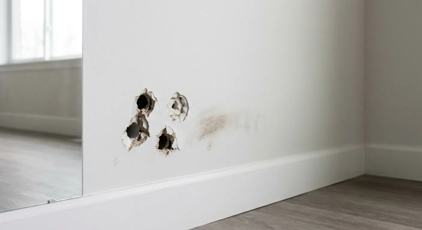 A chargeable line: specific damage, photographed and dated at move-out against the move-in record A close-up of drywall with a cluster of large anchor holes and a dent in an empty rental, a clearly chargeable deduction line