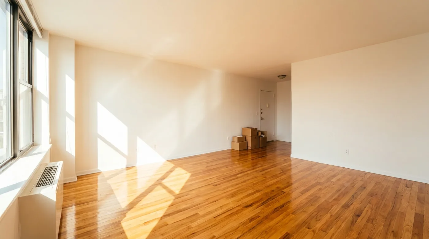 Move-in day sets the baseline every later deduction is measured against A clean, empty rental living room with bare hardwood floors and unmarked walls on move-in day
