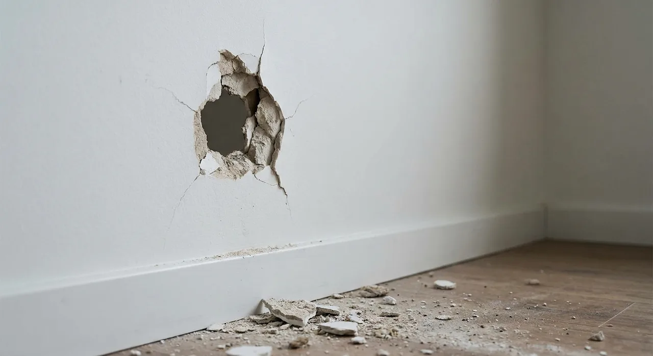 A few pushpin holes are wear; a hole punched through the drywall is damage you can charge for A fist-sized hole punched through interior drywall with cracked edges and broken pieces on the floor below