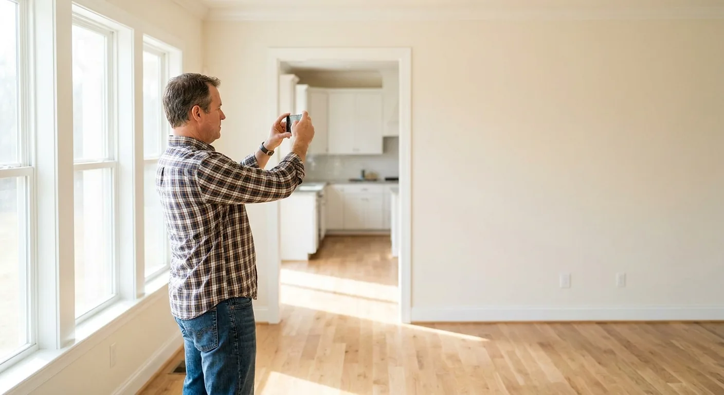Document a unit's condition before the next tenant moves in A landlord photographing the wall of an empty rental apartment with a phone during a move-in walkthrough