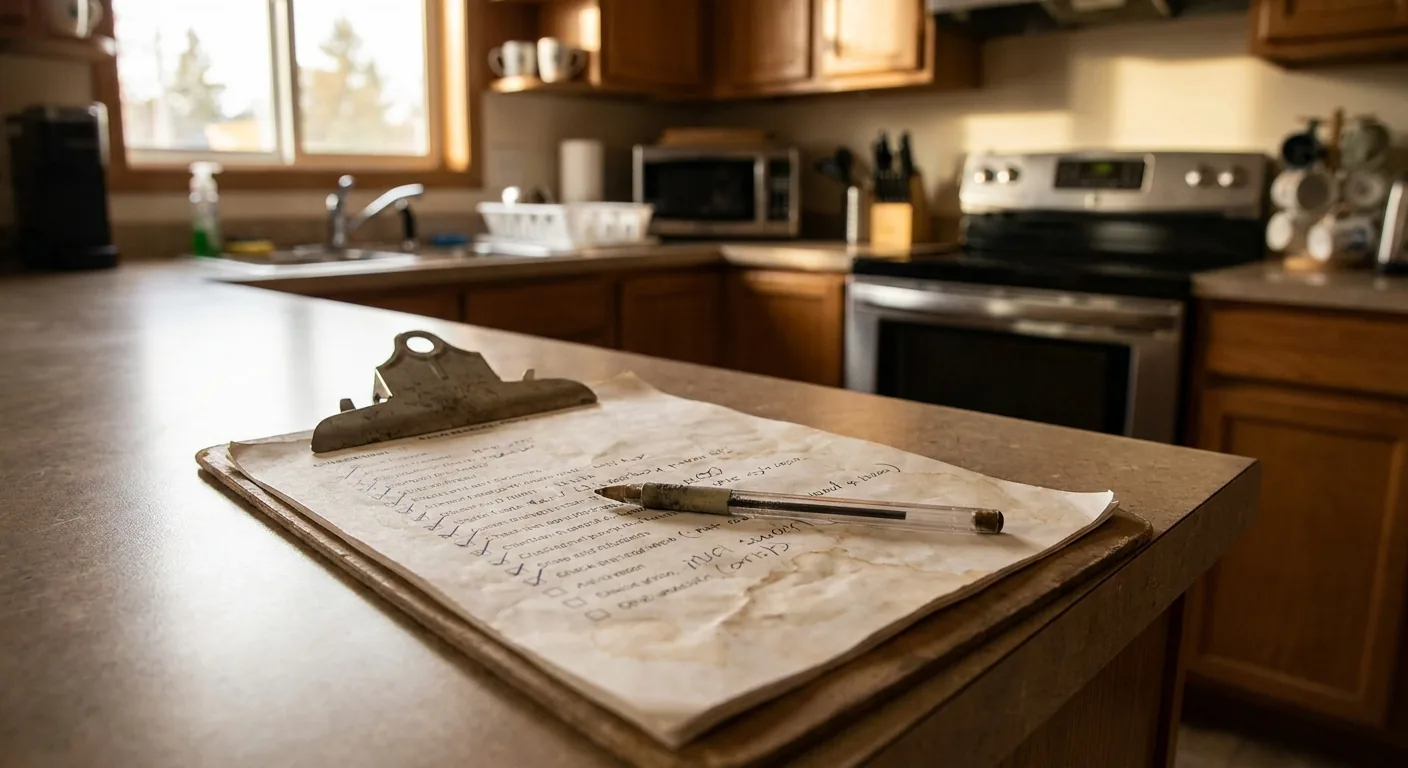 A paper checklist and a spreadsheet share the same blind spot: no photos, no dates, no proof A worn paper checklist on a clipboard with a pen, resting on a kitchen counter in a rental unit