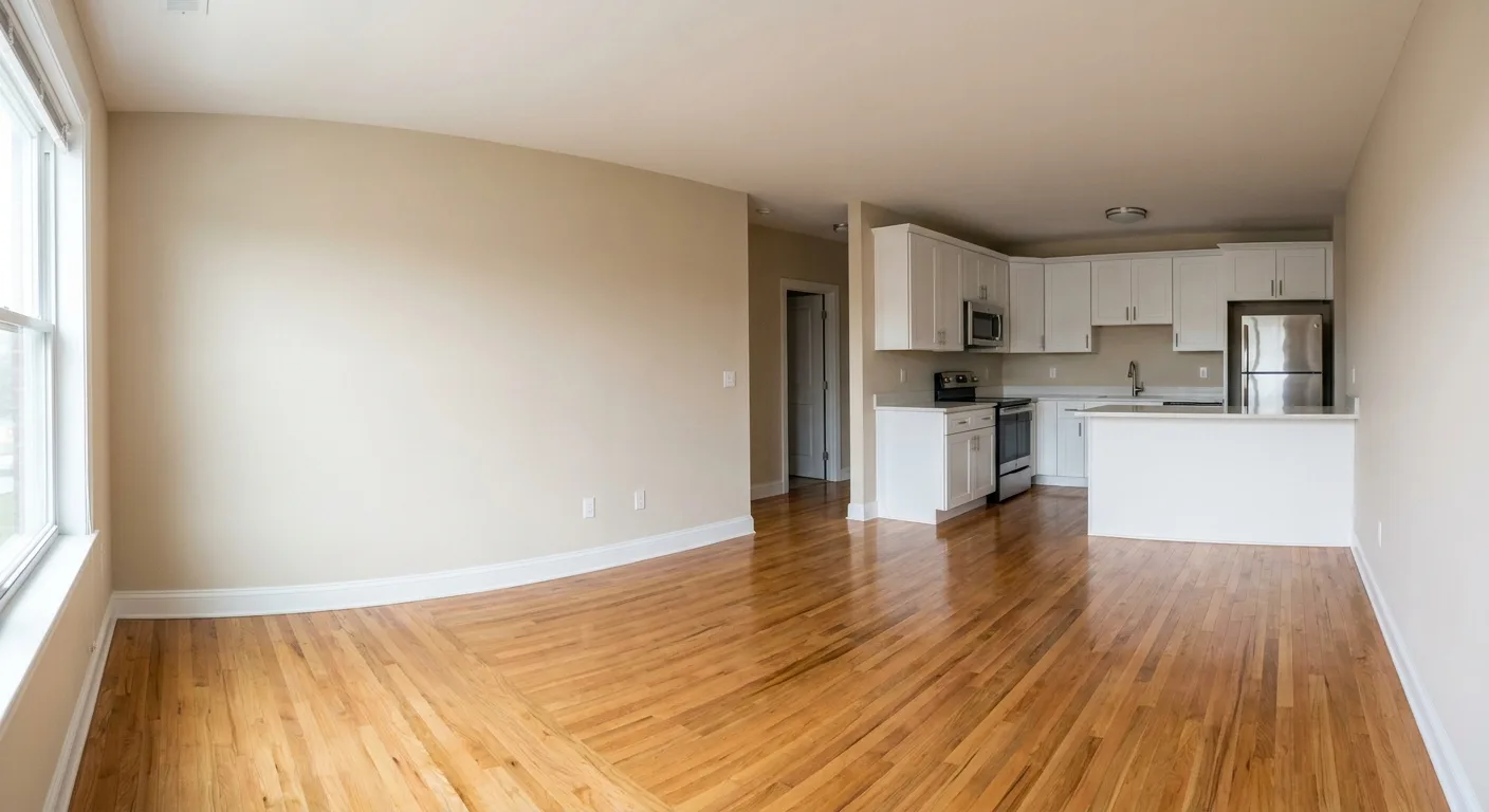 A move-out inspection is a structured pass, not a quick glance An empty rental living room and kitchen on move-out day, vacated and ready for a walkthrough inspection