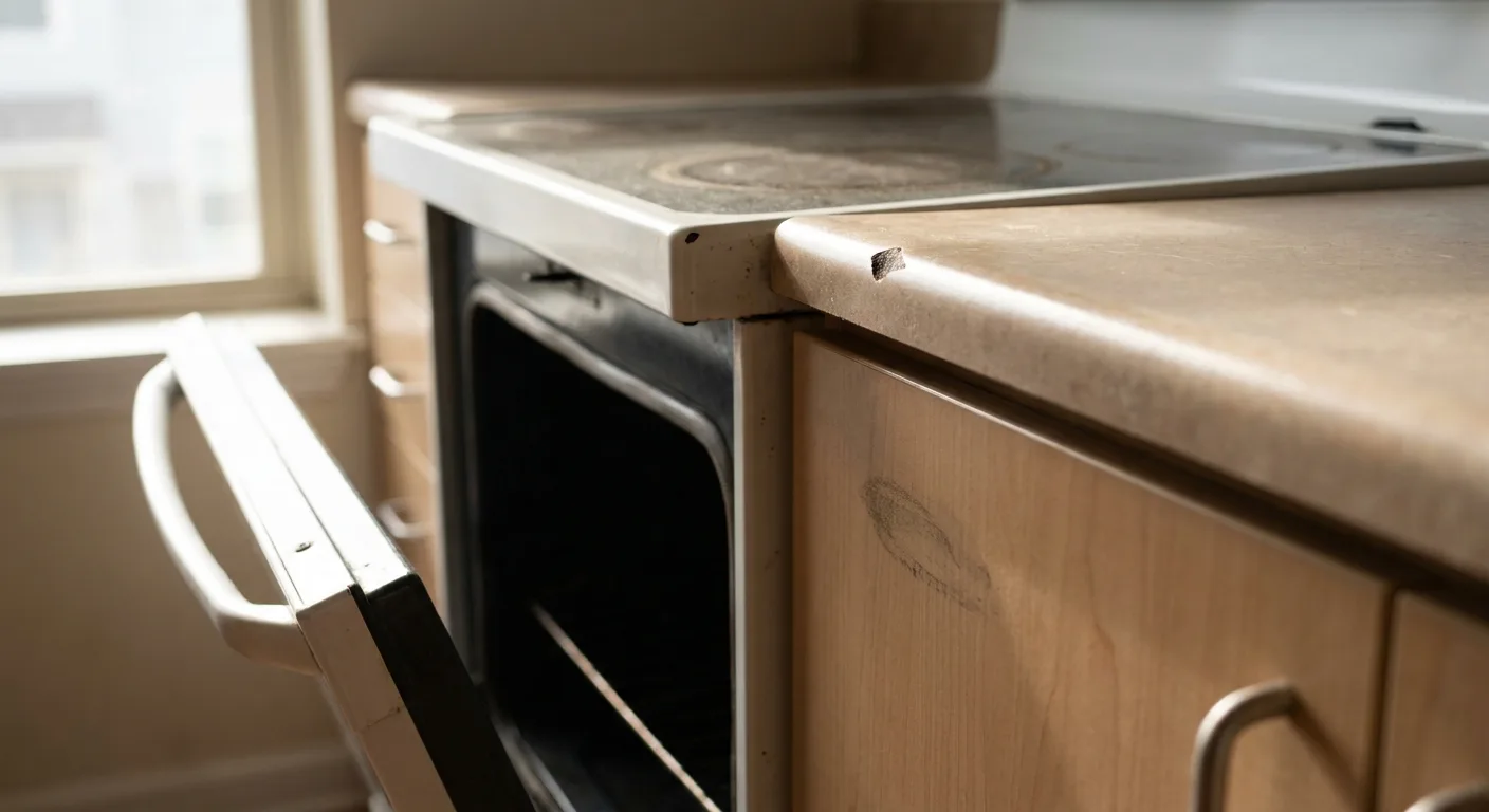 Check inside the appliances and cabinets, not just the surfaces a glance can see A close-up of a move-out kitchen inspection showing the oven, cabinet doors, and a chipped countertop edge
